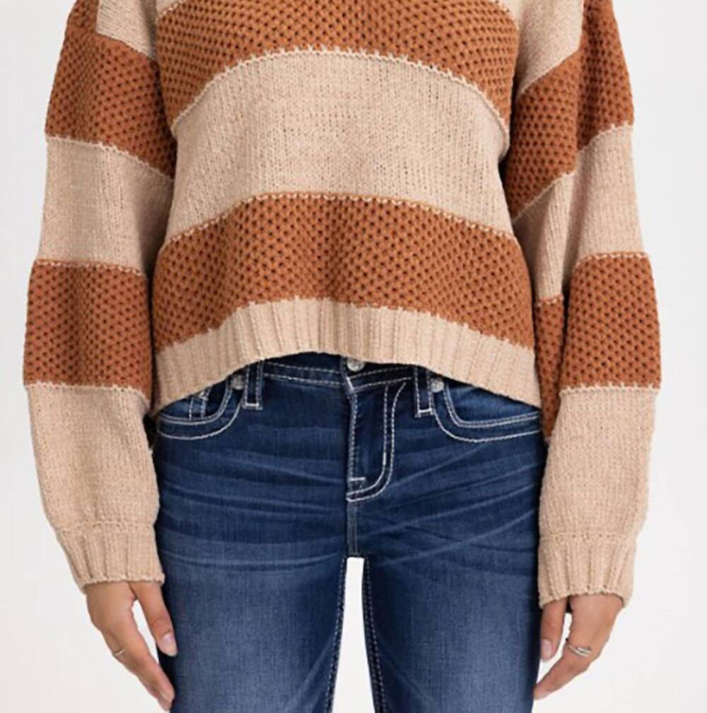 NEW MISS ME crochet striped sweater in rust brown